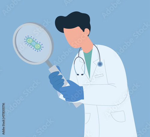 Scientist in lab coat examining bacteria with magnifying glass, symbolizing microbiology, research, and medical investigation