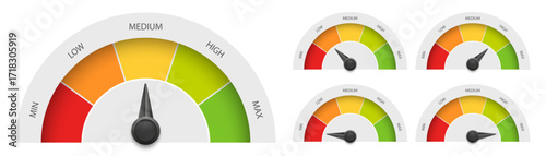 Score meter levels from low to high. Risk measurement scale. Speedometer icon, quality or credit history indicator. Vector illustration