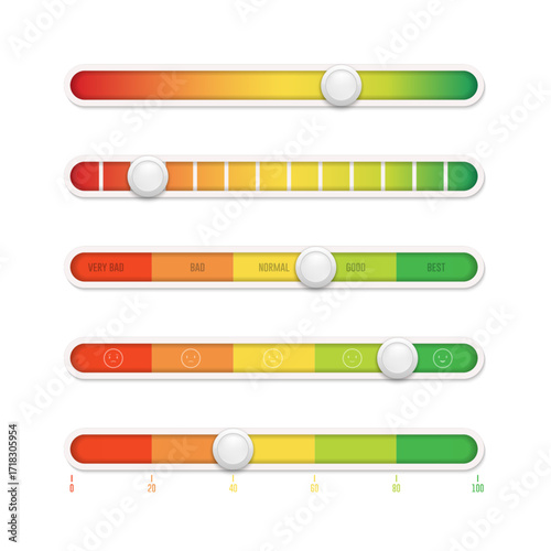 Score meter levels from good to bad. Risk measurement scale. Customer satisfaction indicator. Quality or credit history indicator. Vector illustration