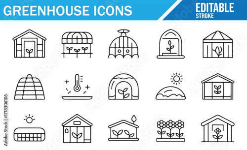 Outline greenhouse and botanical structure icons for modern agriculture design