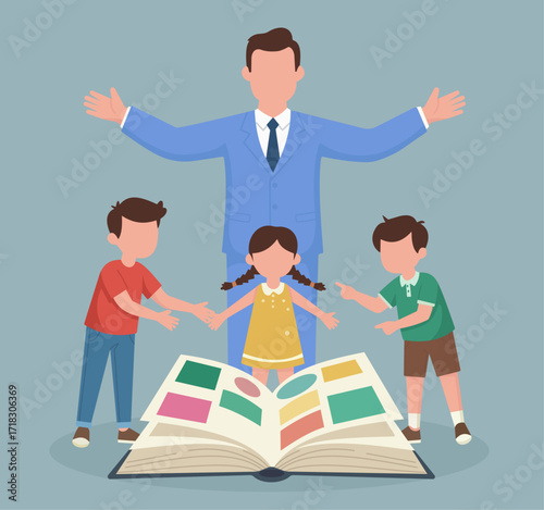 Flat vector of teacher guiding children around a giant open book, symbolizing learning, storytelling, and education