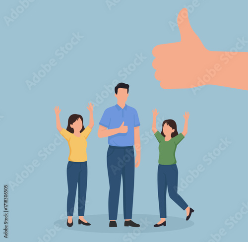 Flat vector of diverse people celebrating teamwork and success with positive gestures, unity, and encouragement
