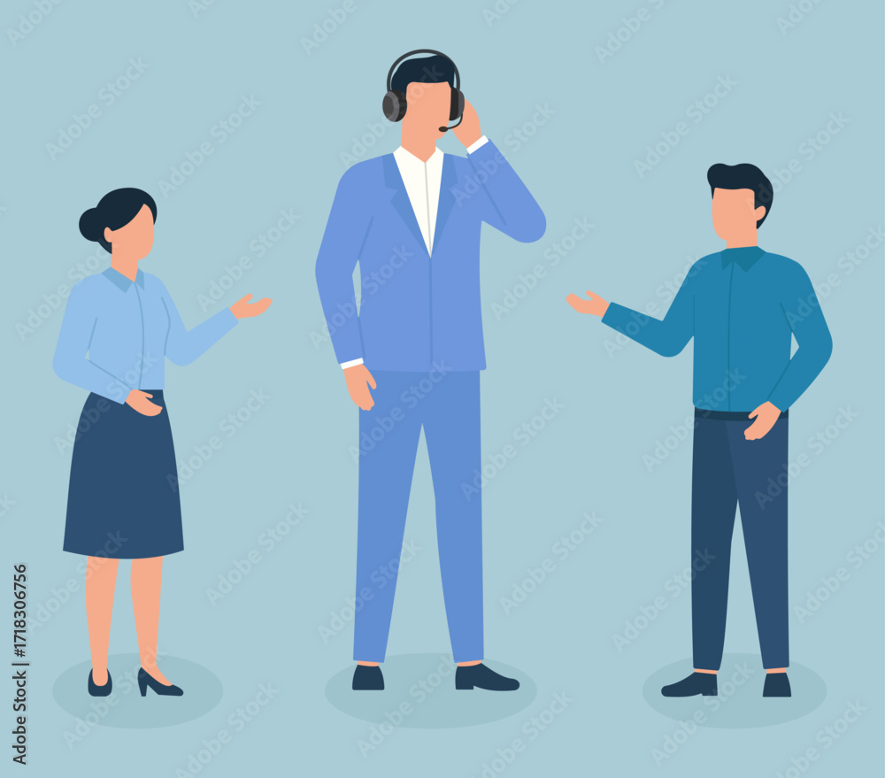 Fototapeta premium Flat vector illustration of three professionals in conversation, symbolizing teamwork, communication, and collaboration