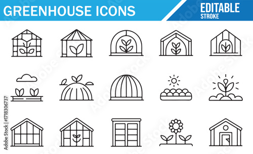 Set of editable line icons of greenhouse and botanical structures, modern plant growing symbols, outline style agricultural eco farming illustrations for farming, gardening, and horticulture design