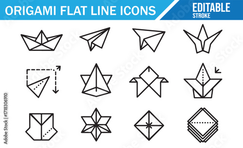 Origami flat design editable icon set for Japanese art, folded paper, and decorative creative crafts