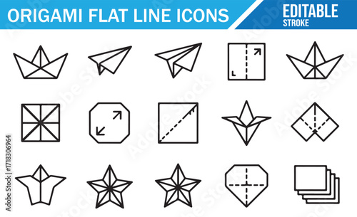 Thin line vector icons of origami craft including birds, planes, flowers, and paper fold diagrams