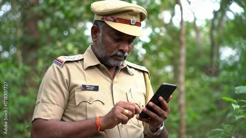 Focused Indian police officer using smartphone in green forest setting, maintaining law and order outdoors.