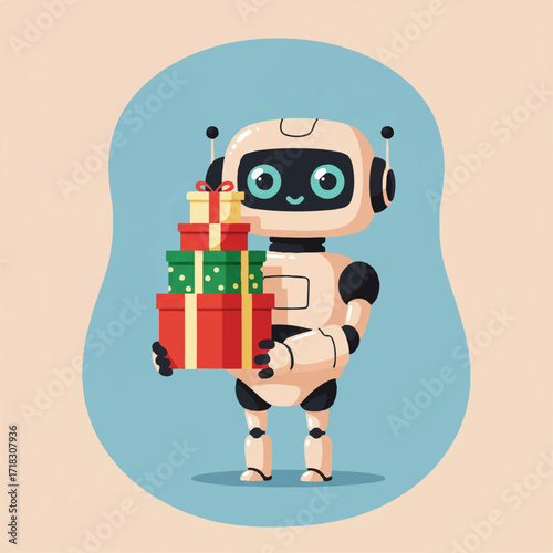 A cartoon robot holds a stack of colorful gift boxes