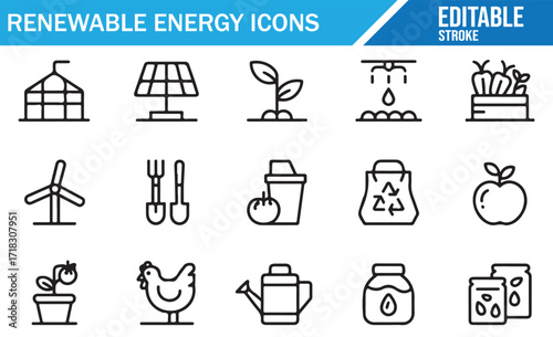 Renewable energy and eco sustainability editable line icons including solar, wind, recycling, composting, and organic farming