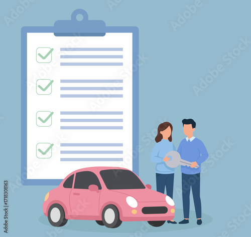 Flat vector of car ownership concept with couple receiving keys, checklist completed, symbolizing purchase, lease, or successful deal