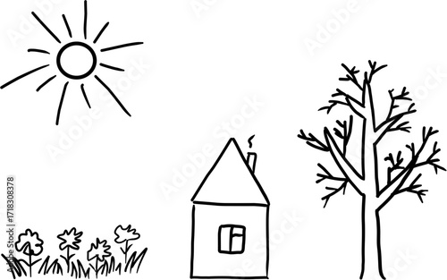 Vector illustration of a doodle house with tree, sun, and flowers. Children’s drawing. Hand-drawn pencil sketch. Isolated on a transparent background
