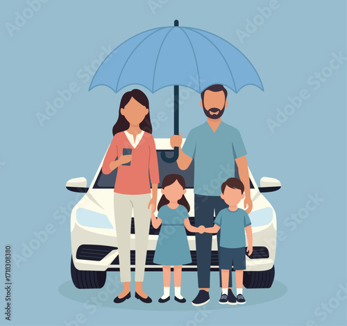 Family protection and safety under one umbrella, symbolizing care, security, and insurance with unity and trust