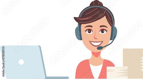 Customer support, call center, remote work, headset, laptop, smiling woman, communication, help desk, online service, office job, tech support