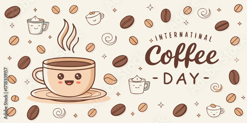 Cute international coffee day illustration with smiling coffee cup and beans on a beige background