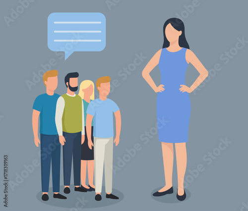 Flat vector of group vs individual, showing leadership, confidence, and communication in social or workplace dynamics