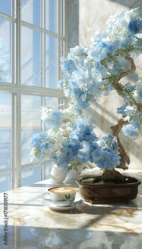 A tranquil scene with a light blue bonsai, a cup of coffee, and a large window overlooking a serene landscape.