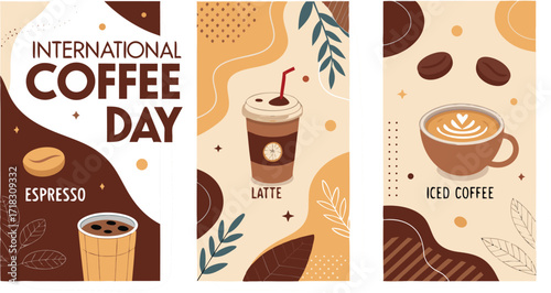 Celebrating international coffee day with espresso latte and iced coffee designs for banners 96