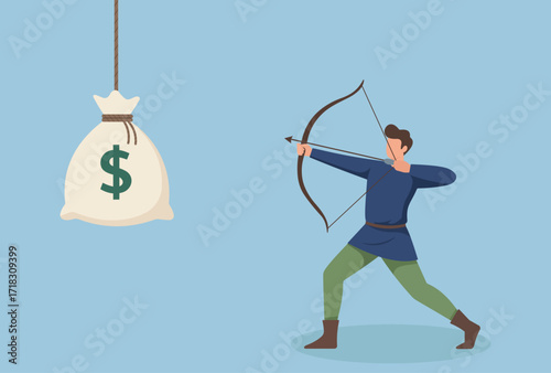 Flat vector of an archer aiming at a money bag, symbolizing focus, strategy, and pursuit of financial success