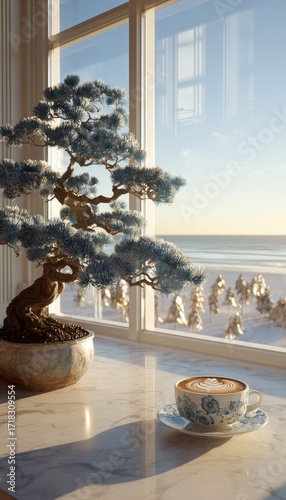 A serene interior scene featuring a bonsai tree, a cup of cappuccino, and a view of a snowy winter landscape through a large window.
