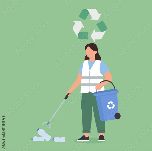 Flat vector of eco volunteer recycling plastic waste with bin and picker, promoting sustainability, cleanup, and environmental care