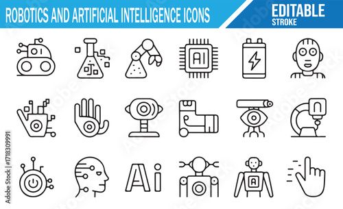 Futuristic robotics and AI icon set with humanoid head, neural network, smart chip, and machine automation designs