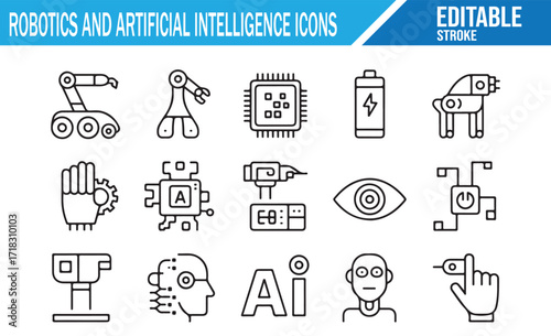 AI and robotics thin line editable icons including humanoid robot, smart chip, automation arm, and neural network technology