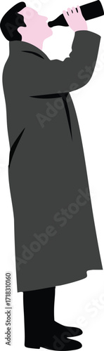 Man wearing long coat drinking from bottle standing in profile vector illustration for lifestyle and leisure activities 