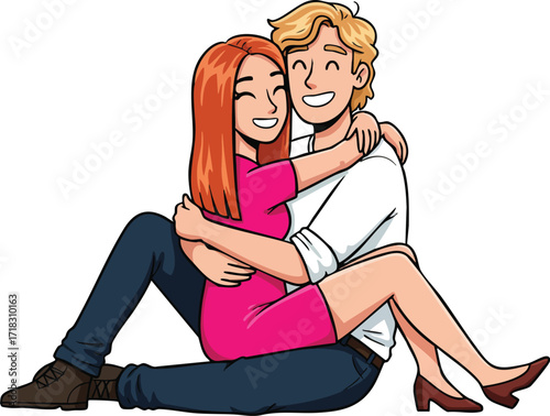 Happy young couple sitting closely embracing each other smiling joyfully together in love vector illustration 