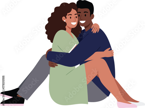 Couple embracing seated together showing affection and closeness in casual clothing vector illustration 