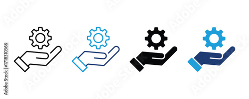 Gear in hand icons set. Technical support service icon. Service, support, instrument, wheel, machine, cog, symbol. Gear setting vector icon set.