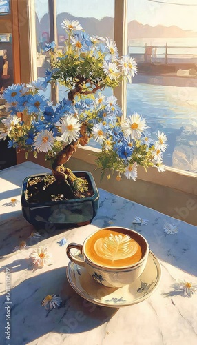 A serene scene of a window seat cafe, featuring a captivating bonsai tree, a cup of latte art, and a picturesque view.