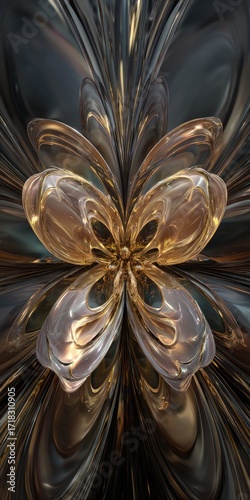 A symmetrical, detailed design showcasing flowing, metallic forms in a rich array of golds and grays.  The intricate patterns and deep tones create a captivating, opulent visual effect.