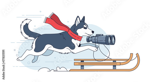 Sledding Husky With Binoculars In Winter Snow Scene In Illustrated Style Image