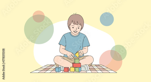 Smiling Child Building Bricks Tower Illustrating Childhood Playful And Happy Moment