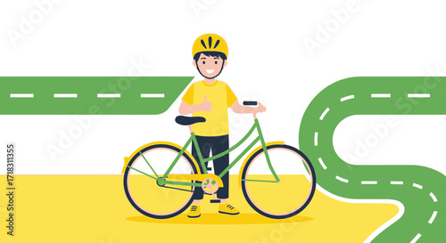 Smiling Cyclist With Bicycle On a Green Road Illustrating Freedom and Healthy Lifestyle Plan
