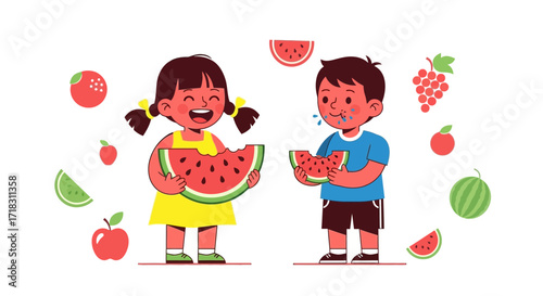 Smiling Children Enjoying Watermelon And Other Fruits, Illustrating Healthy Eating Habit