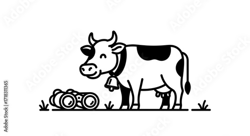 Smiling Cow And Binoculars On Green Pasture Under White Background, Vector Illustration