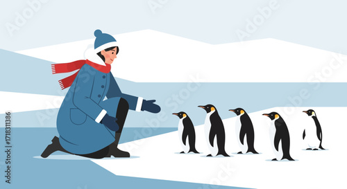 Smiling Explorer Kneeling to Meet Antarctic Penguins in a Snowy Winter Landscape Scene