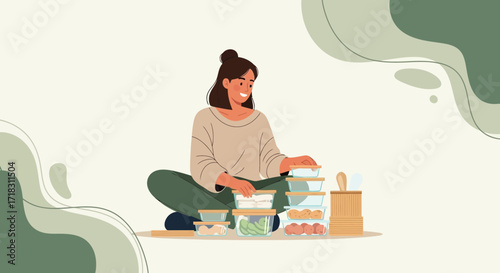 Smiling Woman Organizes Food Containers, Promoting Healthy Eating Habits and Storage