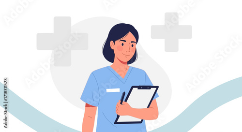 Smiling Nurse With Clipboard And Medical Symbols Illustrating Healthcare And Assistance