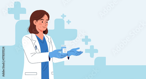 Smiling Medical Professional Holding Pills: Healthcare, Wellness, and Pharmaceutical Illustration