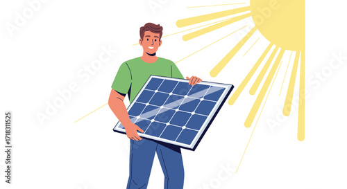 Smiling Person Holding Solar Panel Represents Sustainable Energy And Sunny Eco Practices