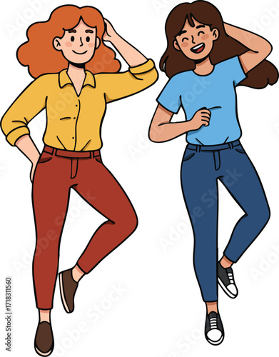 Two young women dancing joyfully in casual clothes with joyful expressions vector illustration 