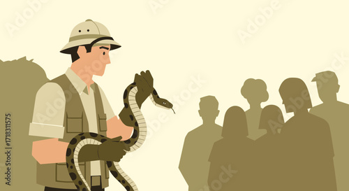 Snake Handler Presenting a Large Reptile to an Audience in Illustrated Style