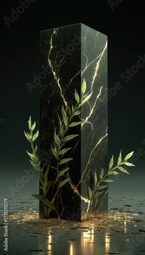 A dark, opulent pedestal, featuring intricate gold veins in black marble, is adorned with lush green foliage, creating a striking visual presentation.