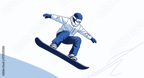Snowboarder Executes Aerial Trick Against White backdrop with Blue Accents and Style