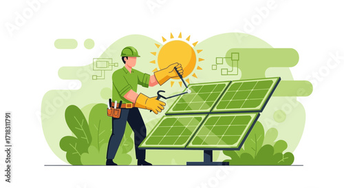 Solar Panel Technician Working With Renewable Energy And Sustainable Power Production Solutions
