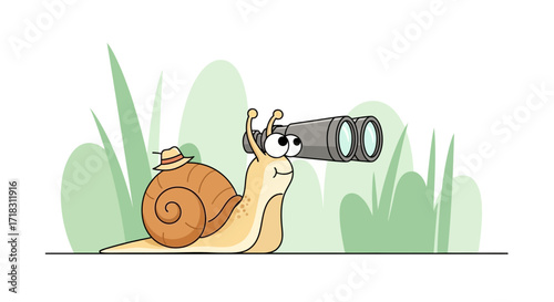 Spying Snail With Binoculars Searching For Something In The Green Field