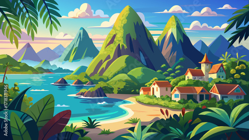 Pitons Management Area, Saint Lucia (Caribbean), is famous for its twin volcanic spires rising dramatically from the Caribbean Sea amidst lush tropical landscapes.