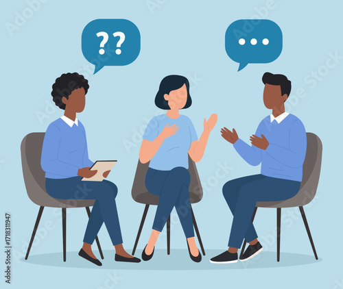 Flat vector illustration of people in conversation, showing curiosity, sharing ideas, and active communication in a modern setting